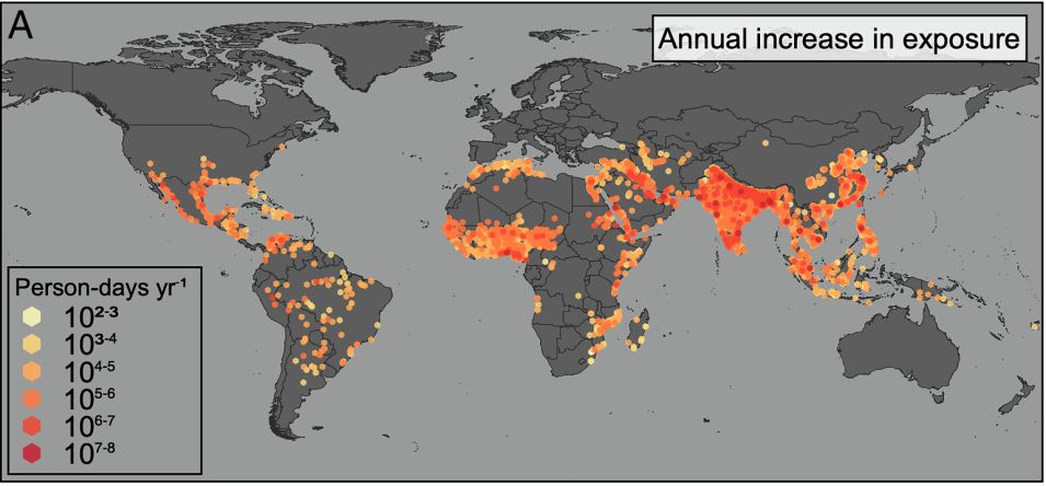 Global map with areas colored in shades of orange indicating the rate of urban population exposure to extreme heat, with darker colors indicating higher concentrations.