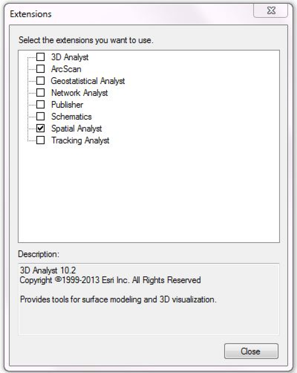 A screenshot of pop out window showing a selection of available extensions. The box for Spatial Analyst is checked. 