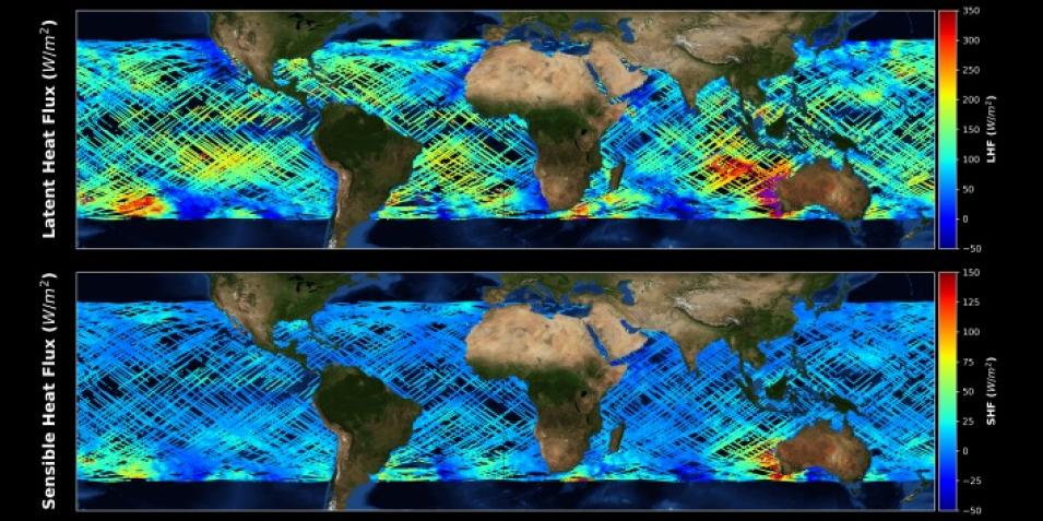 This visualization of data from the CYGNSS Level 2 Ocean Surface Heat Flux Climate Data Record shows the time-tagged and geolocated surface heat flux parameters in the global ocean. 