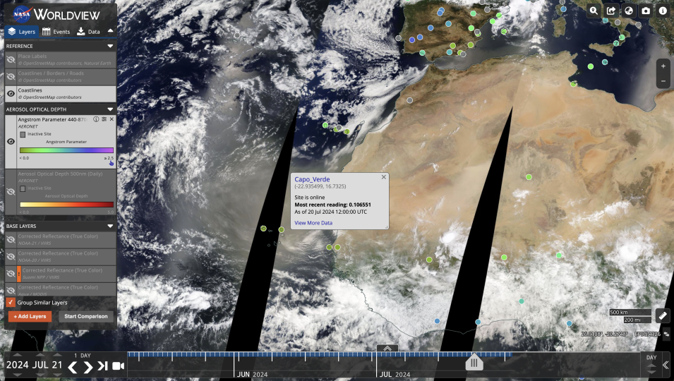 Screenshot of AERONET sites in northern Africa and corresponding Angstrom parameter values.