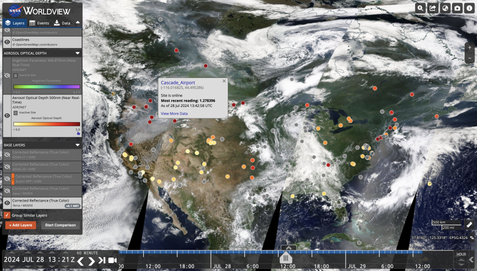 Screenshot of Worldview displaying AERONET sites in the USA and corresponding Aerosol Optical Depth values. 