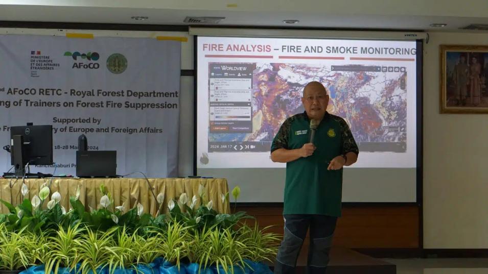 Veerachai Tanpipat speaks to an audience about the use of FIRMS in fire suppression during a training session hosted by the Asian Forest Cooperation Organization.