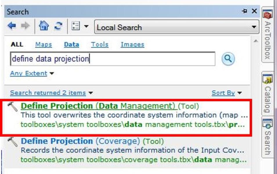 A search menu with the Define Projection Tool highlighted with a red box.