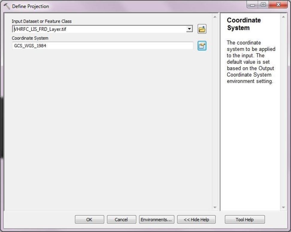 Define Projection window with the coordinates system selected.
