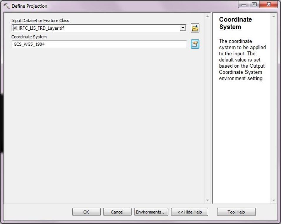 Define Projection window with the coordinates system selected.