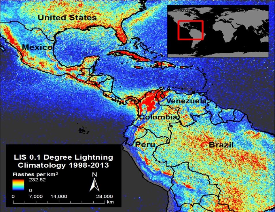 A map of the southern half of North America, Central America, and the northern half of South America showing the frequency of lightning strikes as a heat map with a color ramp from red to blue. 