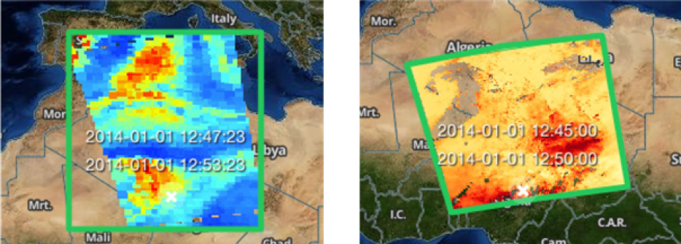 Two side by side Earthdata Search screenshots. The left picture shows a green box with colors from red to blue overlaid on a map of northern Africa. The right image shows a green box with shades of red and orange within it overlaid on a map of northern Africa.  