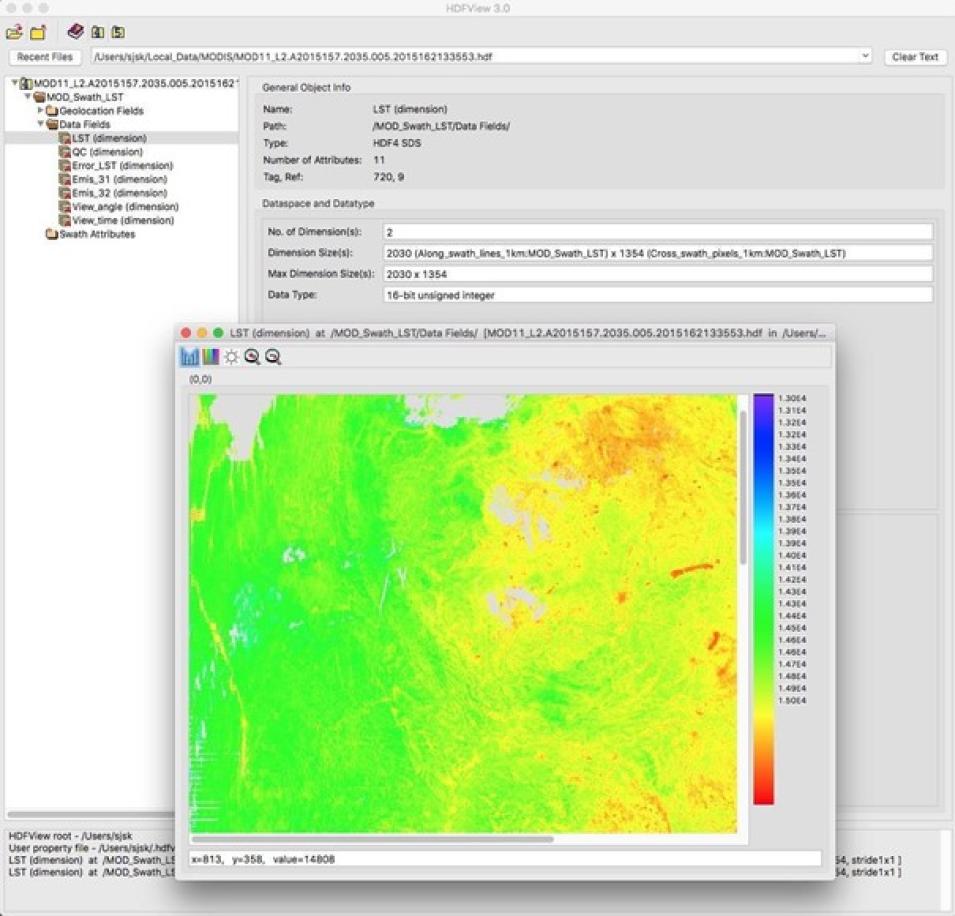 A screenshot of the HDFView software environment demonstrating how to view the dimension “LST” of a data swath.