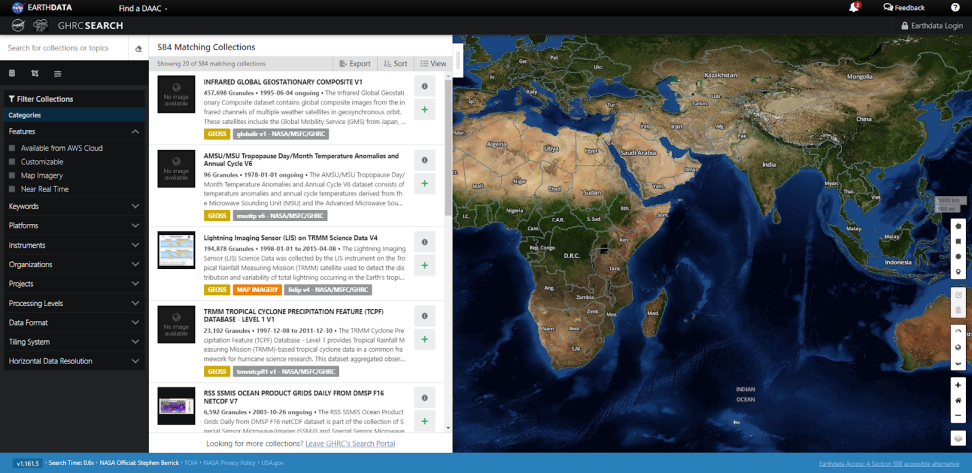 A screenshot of the GHRC Portal on Earthdata Search