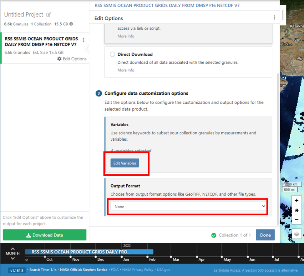 The blue Edit Variables button is highlighted with a red box, and the Output Format dropdown menu is also highlighted with a red box.