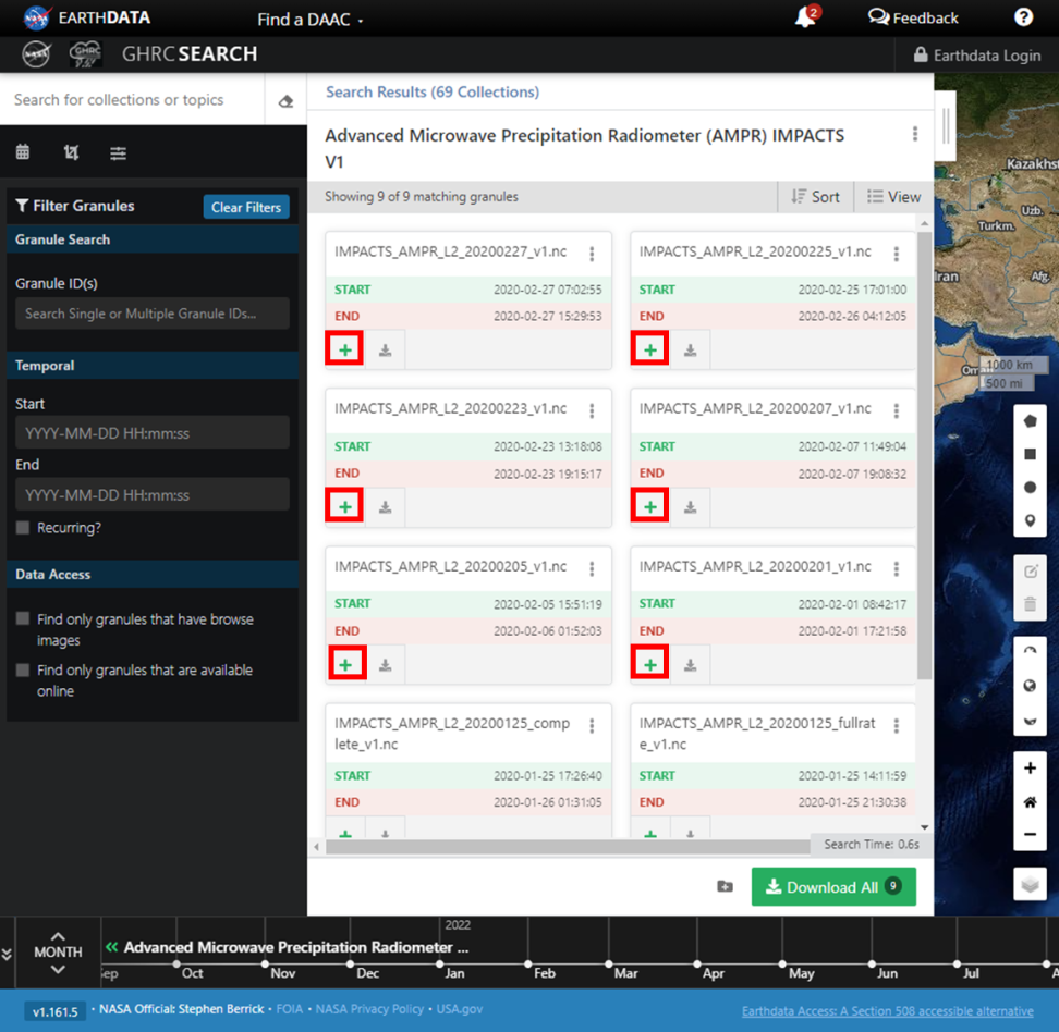 Screenshot showing the selection of multiple granules highlighted with multiple red boxes.