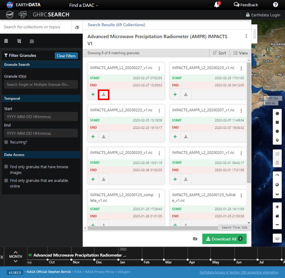 Screenshot showing the single granule download button highlighted in a red box.