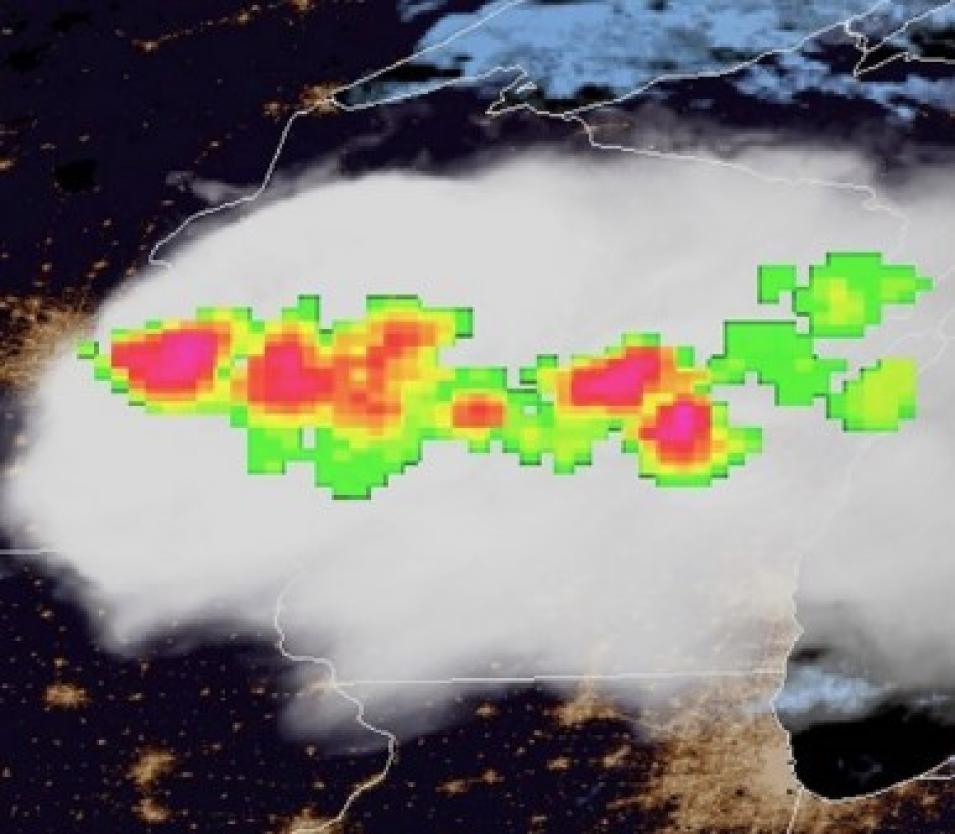 This image shows GOES-16 visible imagery with an overlay of Geostationary Lightning Mapper (GLM) data. 