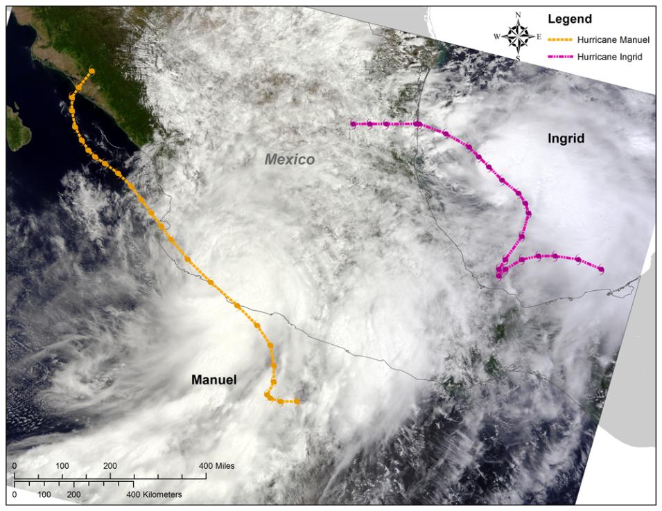 Global Hawk flight paths are superimposed above a satellite image of Hurricanes Ingrid (pink) and Manuel (yellow).