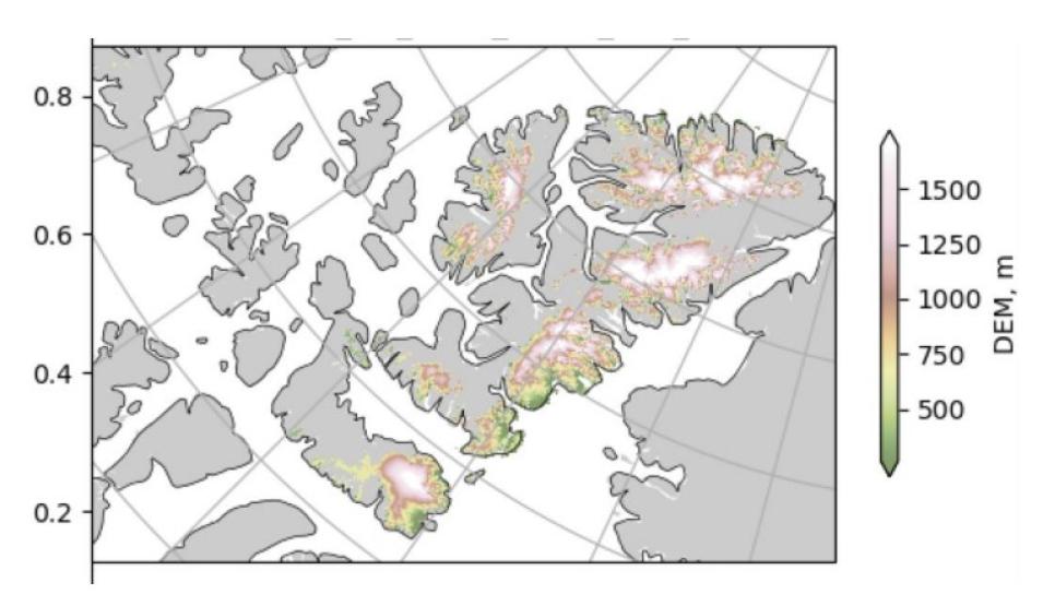 This JPG browse image from the ATLAS/ICESat-2 L3B Gridded Antarctic and Arctic Land Ice Height, Version 4 dataset shows digital elevation model surface heights in meters. 