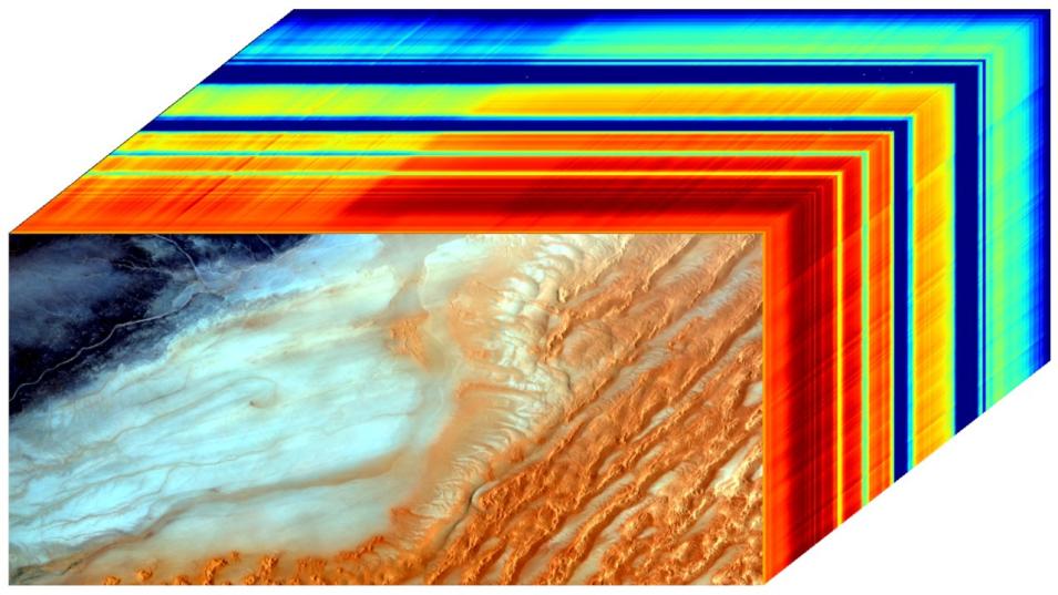 A data cube showing spectral signatures of EMIT Level 1B At-Sensor Calibrated Radiance and Geolocation Version 1 data.