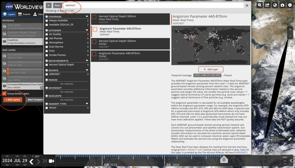 Screenshot of Worldview showing how to add the AERONET layers to the map