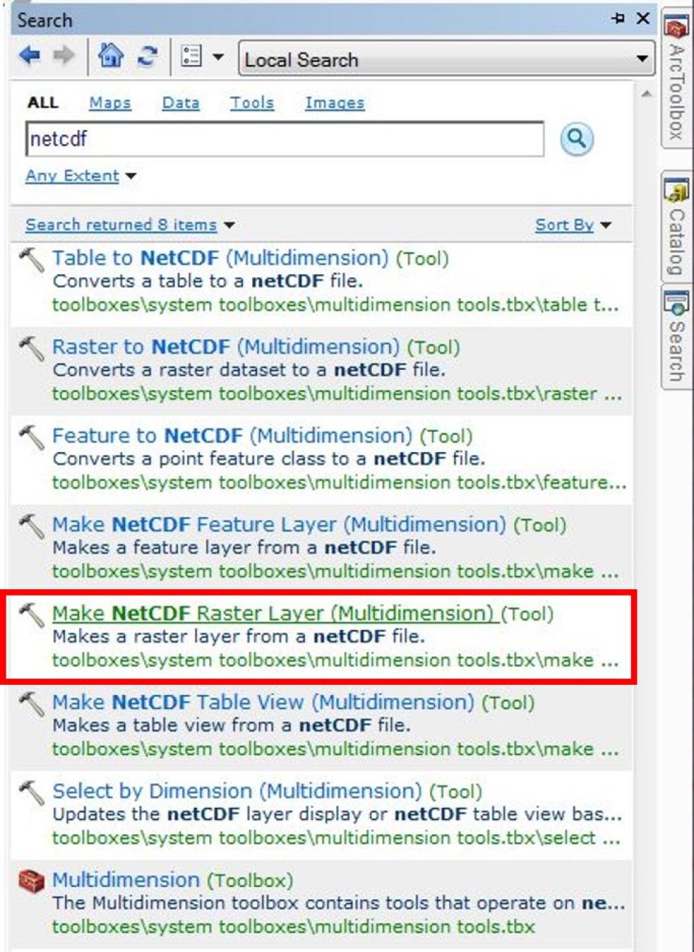 A screenshot of a search window with netcdf in the search box and the NetCDF tool selected.