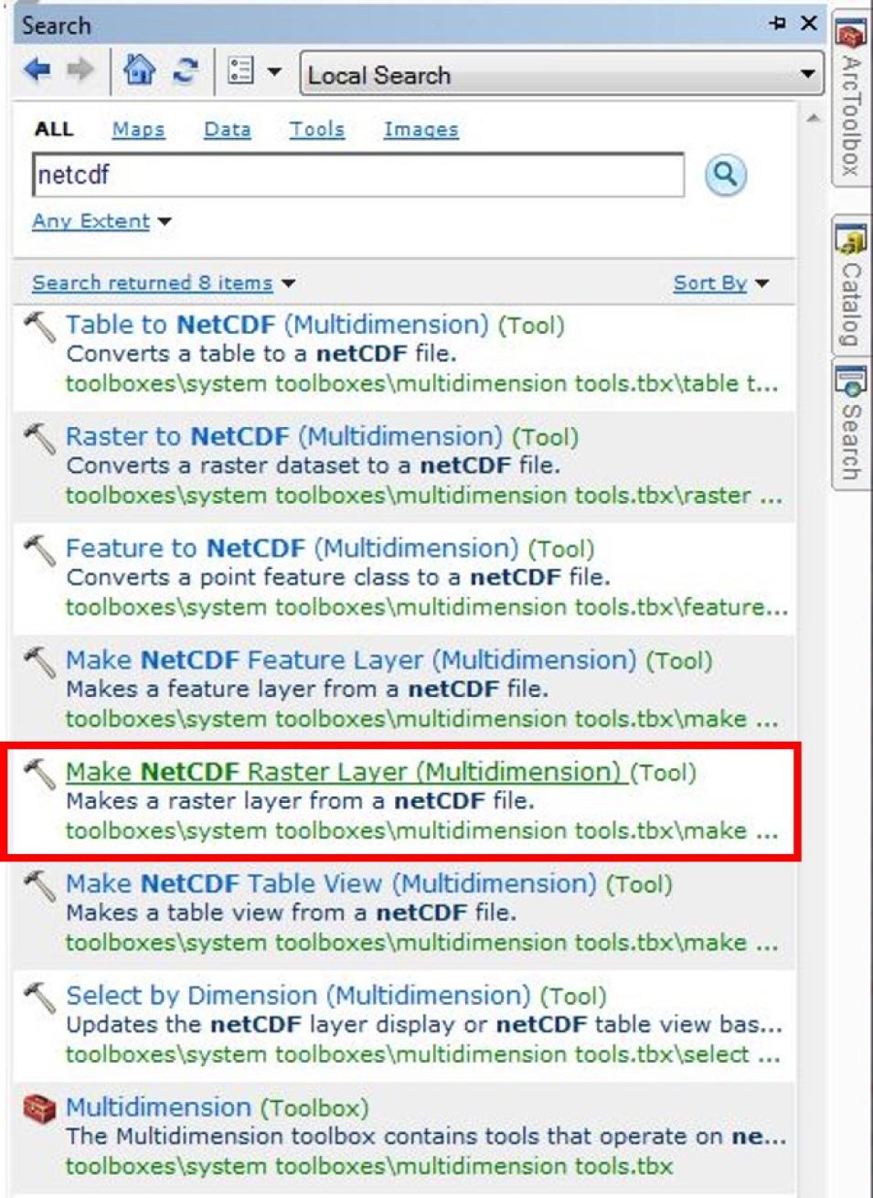 A screenshot of a search window with netcdf in the search box and the NetCDF tool selected.