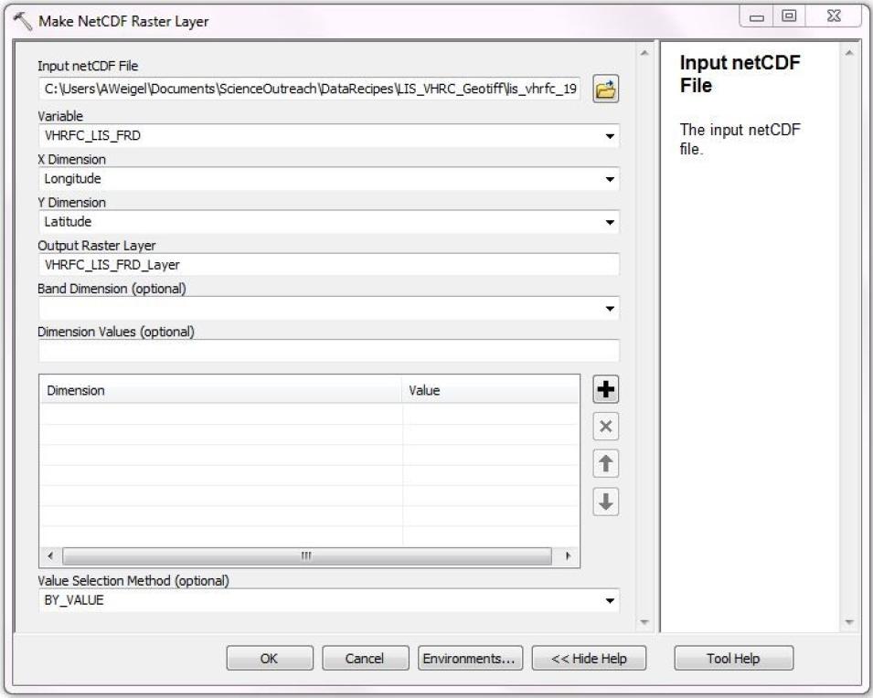 A popout window of Make NetCDF Raster Layer showing the auto populated fields.