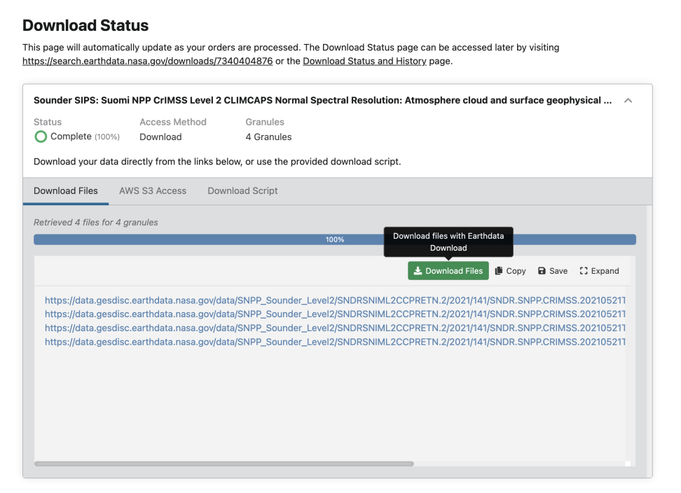 screenshot of Earthdata Download interface showing green Download Files button and list of files to download