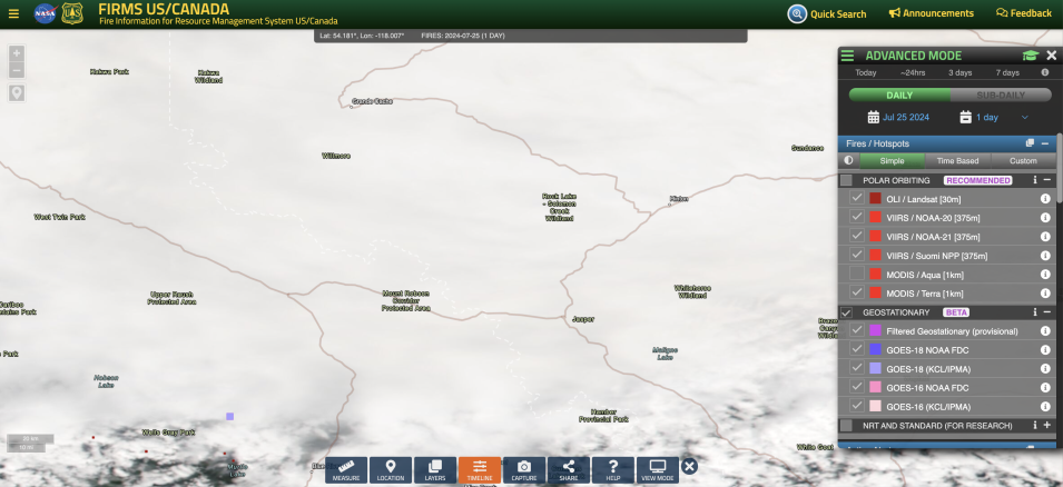 screenshot from FIRMS US/Canada on July 25, 2024, showing heavy cloud cover over Jasper, Canada