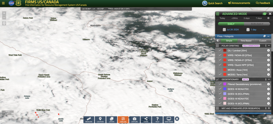 Screenshot from FIRMS US-Canada on July 26, 2024, showing cloud cover over Jasper, Canada