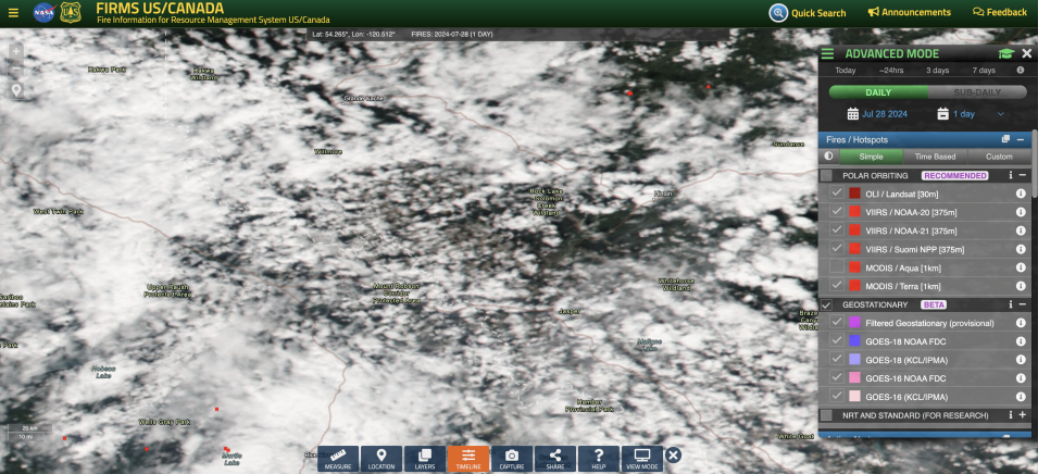 Screenshot from FIRMS US-Canada showing broken cloud cover over Jasper, Canada