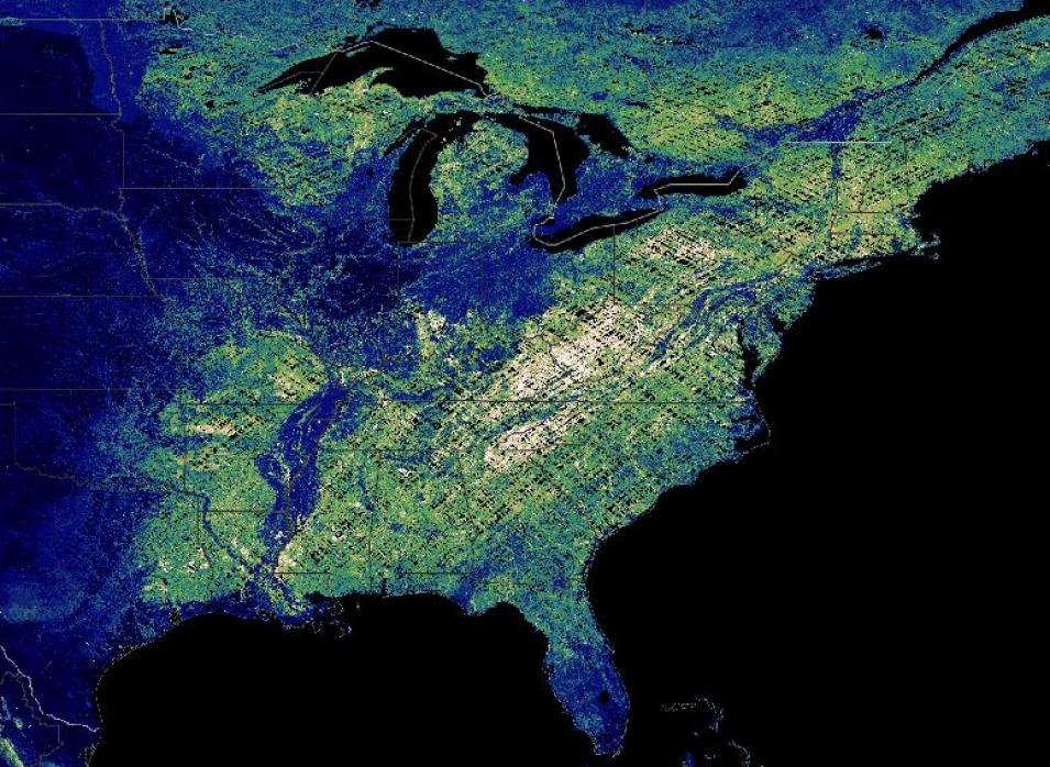 Image of Eastern U.S. with colors from blue to green indicating estimated AGBD values