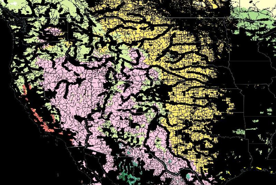 Image of western U.S. with colors indicating habitat types