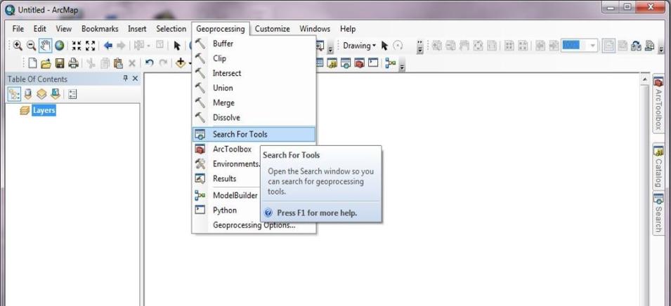 A screenshot of an ArcMap window with the Geoprocessing tab highlighted and Search for Tools selected 