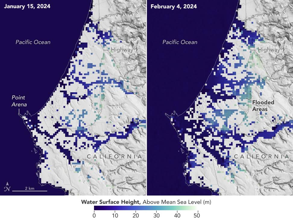 Side-by-side images of the California coast with blue/green indicating flooded areas. Left image is pre-flooding; right image is post flooding. Key along bottom.