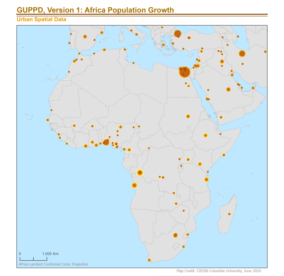 Map of Africa with colored dots indicating population growth