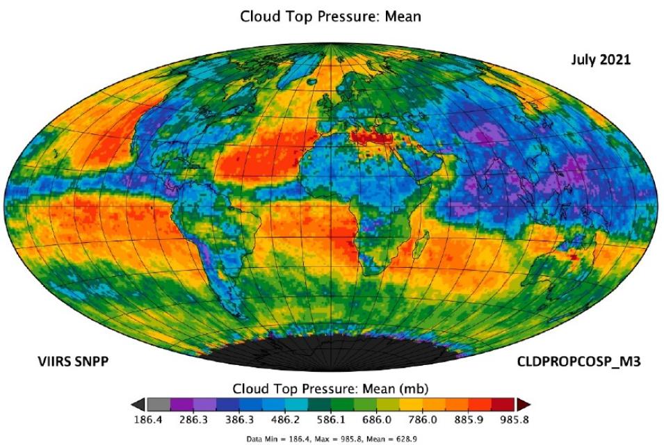 This graphic shows a visualization of mean cloud top pressure data (i.e., observations of  the atmospheric pressure at the top of a cloud) in millibars (mb, a unit of pressure used to describe atmospheric conditions) for July 2021.  