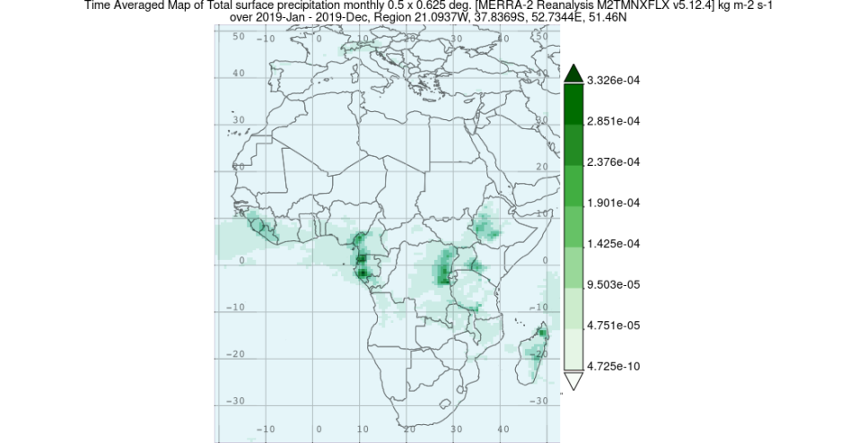 This is a time averaged map of total surface precipitation over Africa in 2019. 