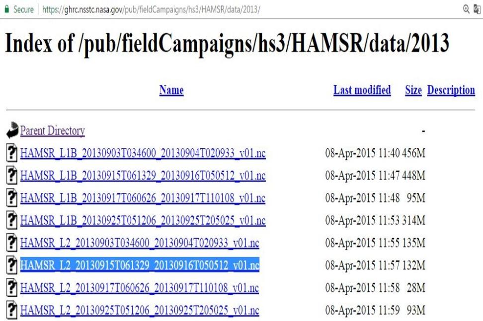 Screenshot of the HAMSR data directory, with heading text that reads "Index of /pub/field/Campaigns""