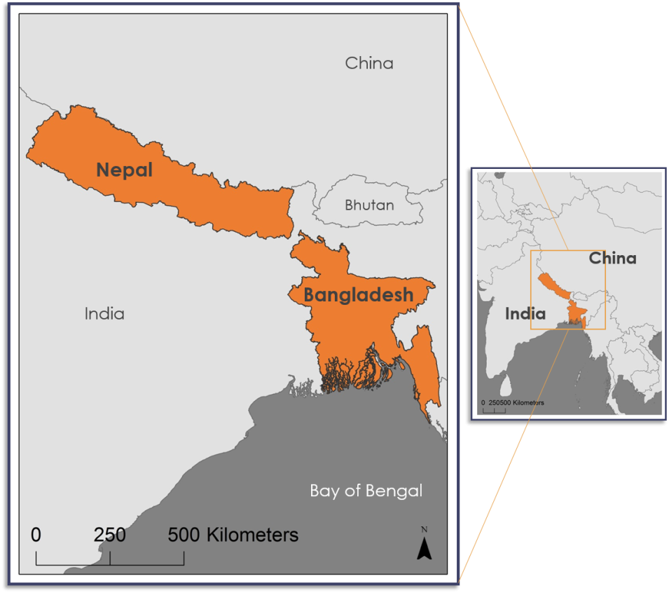 A map shows Nepal and Bangladesh in bright orange, indicating increased risk for lightning related injury.