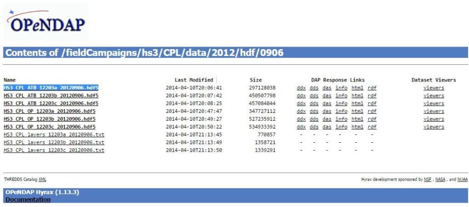 Screenshot of the OPeNDAP data directory