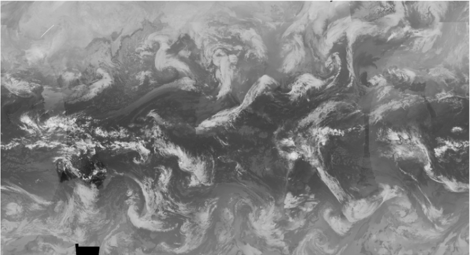 The figure depicts a composite image showing infrared wavelengths from the infrared channels of multiple weather stations in geosynchronous orbit.