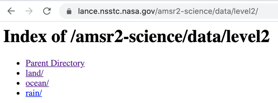 Screenshot of the LANCE data directory, with heading text that reads "Index of AMSR2 Science Data" Level 2