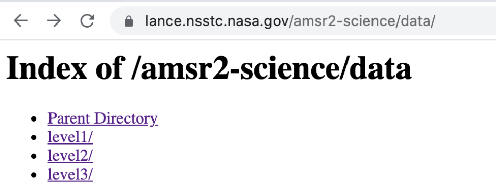 Screenshot of the LANCE data directory, with heading text that reads "Index of AMSR2 Science Data"