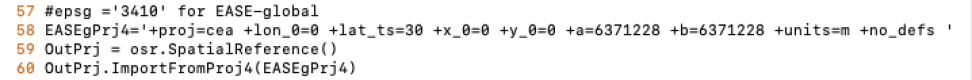 Screenshot of code showing the projection information