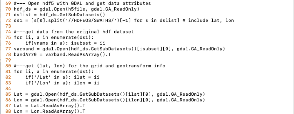 Screenshot of code block for ‘TotalPrecipitableWater’, latitude, and longitude values from the input file.