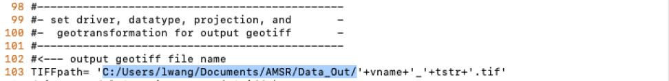 Screenshot of example code block for saving GeoTIFF.