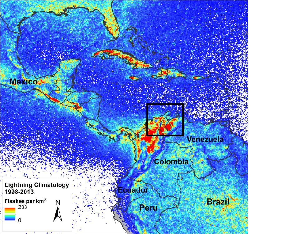 A map of the Americas shows lightning hotspots in red located in Lake Maracaibo, Venezuela.