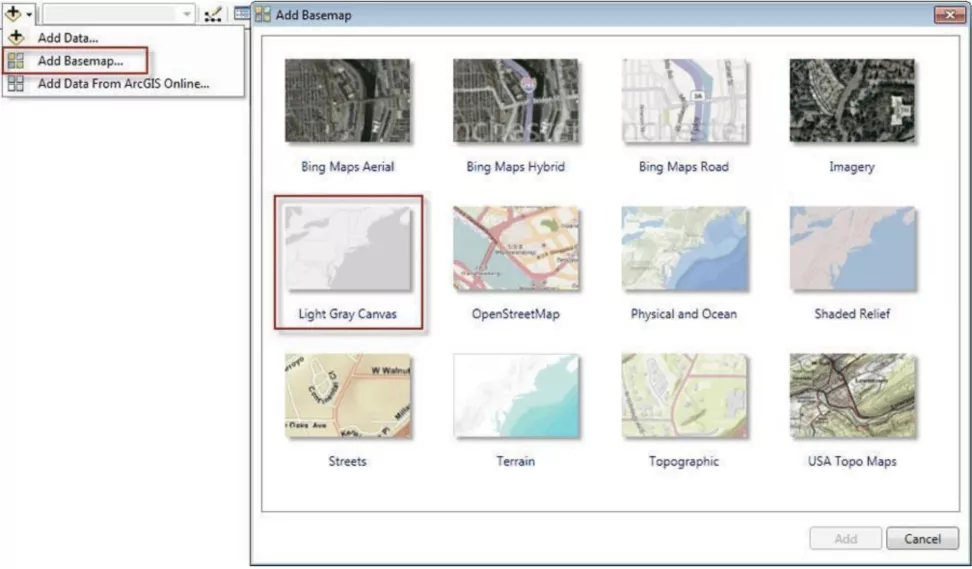 This image shows how to add and select a basemap 
