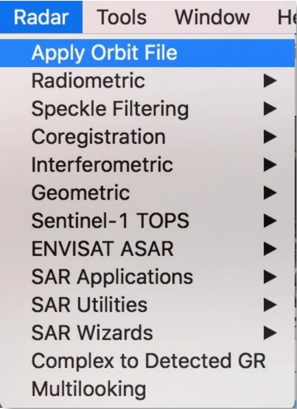 This image shows how to navigate to Apply Orbit File