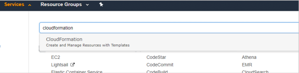 Screenshot showing how to search for CloudFormation in Services