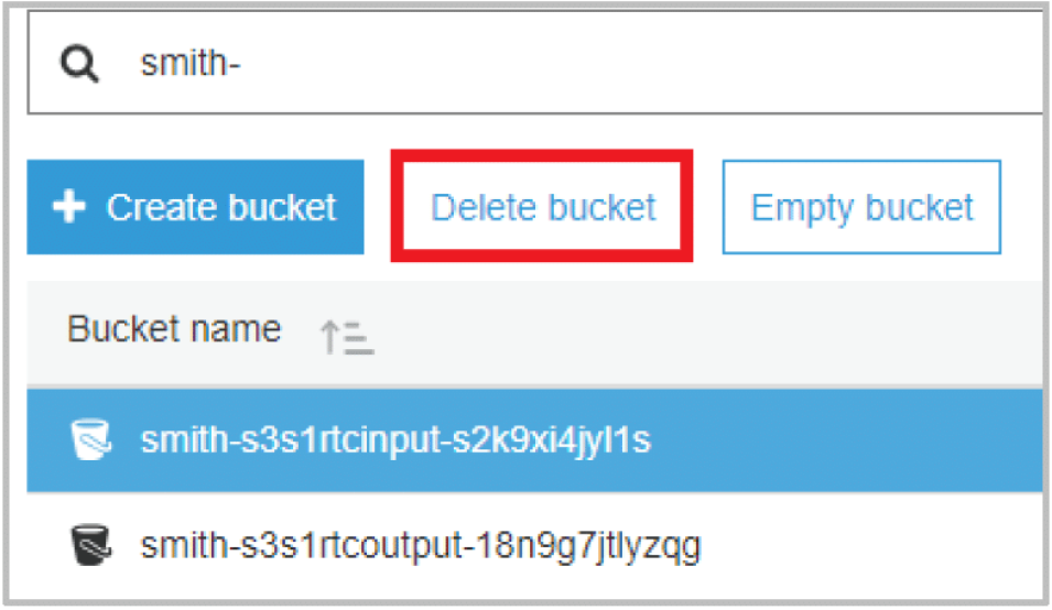 Image showing how to find the Delete bucket button