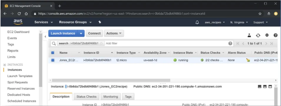 This image shows how to confirm when your new EC2 instance is running